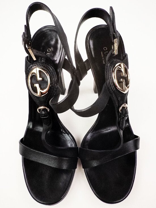 Gucci Shoes - Gucci Double G Black Leather Ankle Strap Sandals Gold Logo Sz 39.5